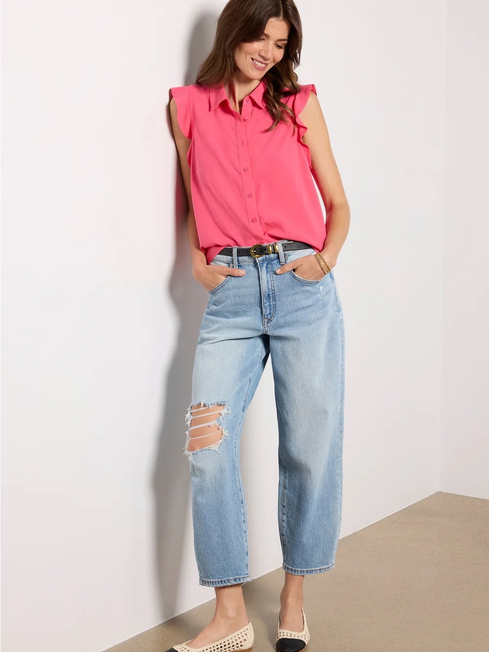 cloth & stone Pink Ruffle Cap-Sleeve Button Front Blouse - Picture 4 of 11